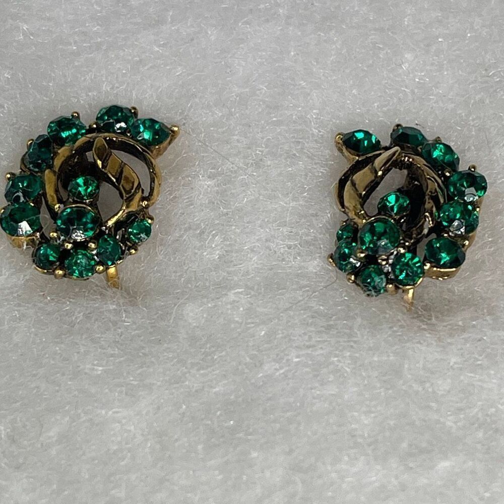Vintage cut green glass clip earrings open design